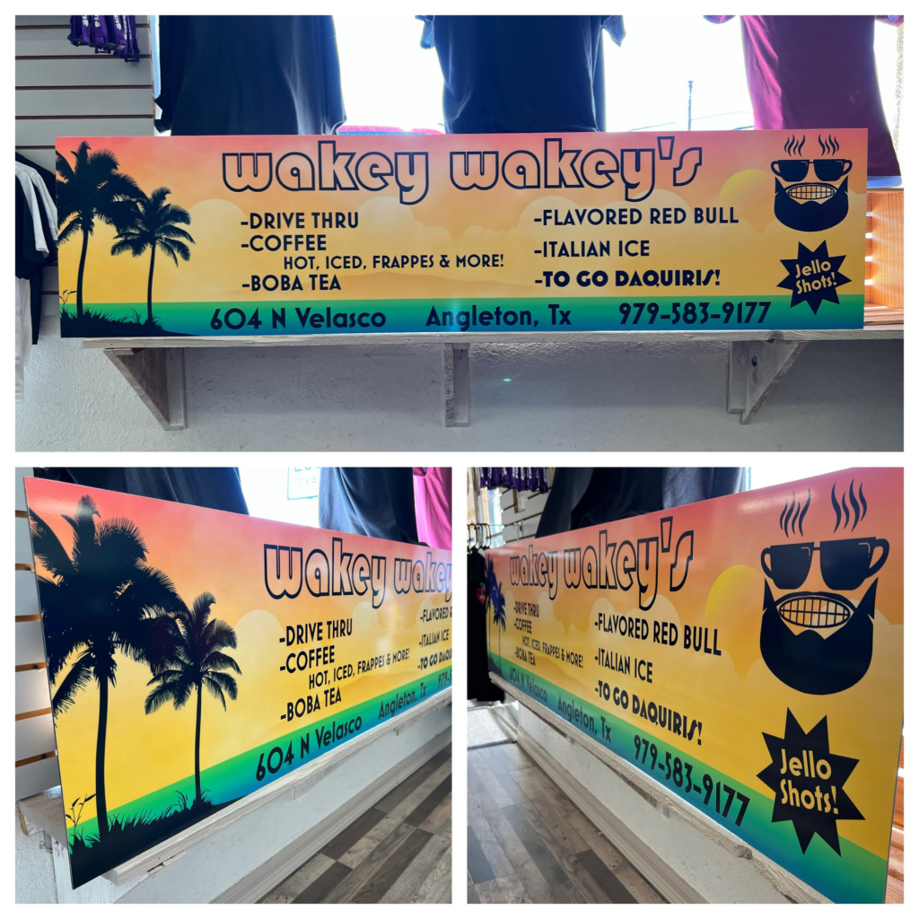 Wakey Wakey’s tropical storefront sign photographed from several angles