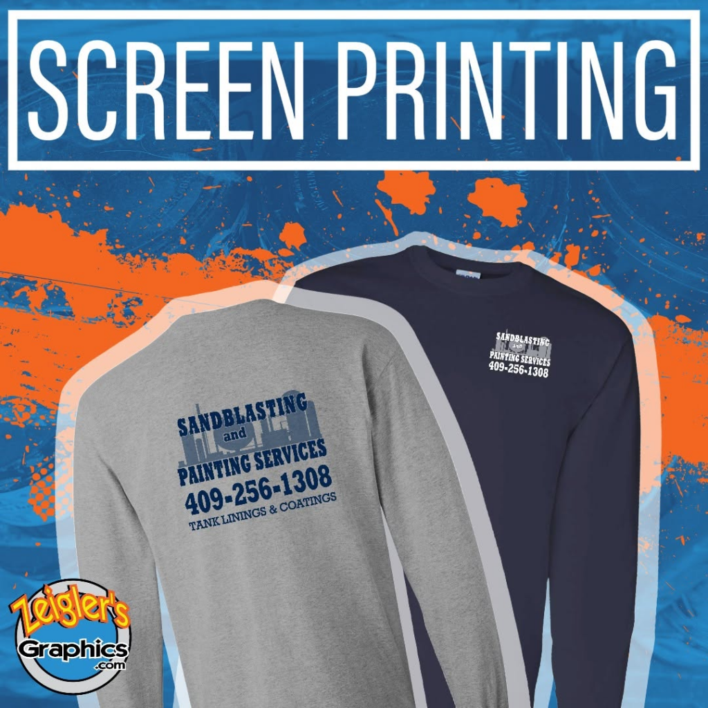 Gray and navy custom screen-printed work shirts for a sandblasting and painting business