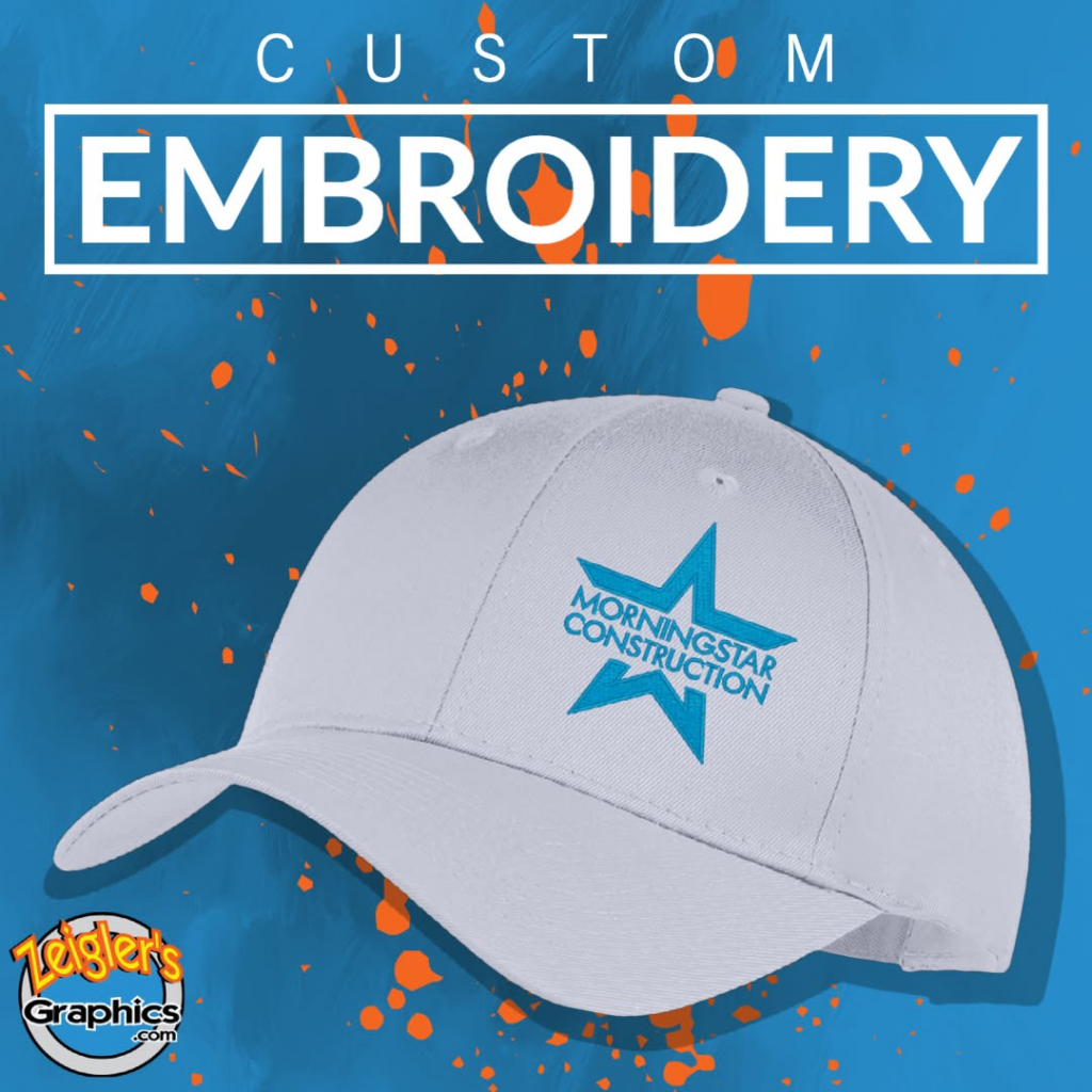 White cap embroidered with turquoise Morningstar Construction logo