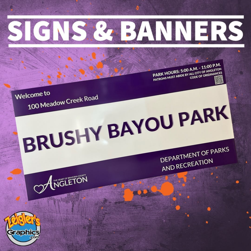 Purple and white Brushy Bayou Park sign for the City of Angleton