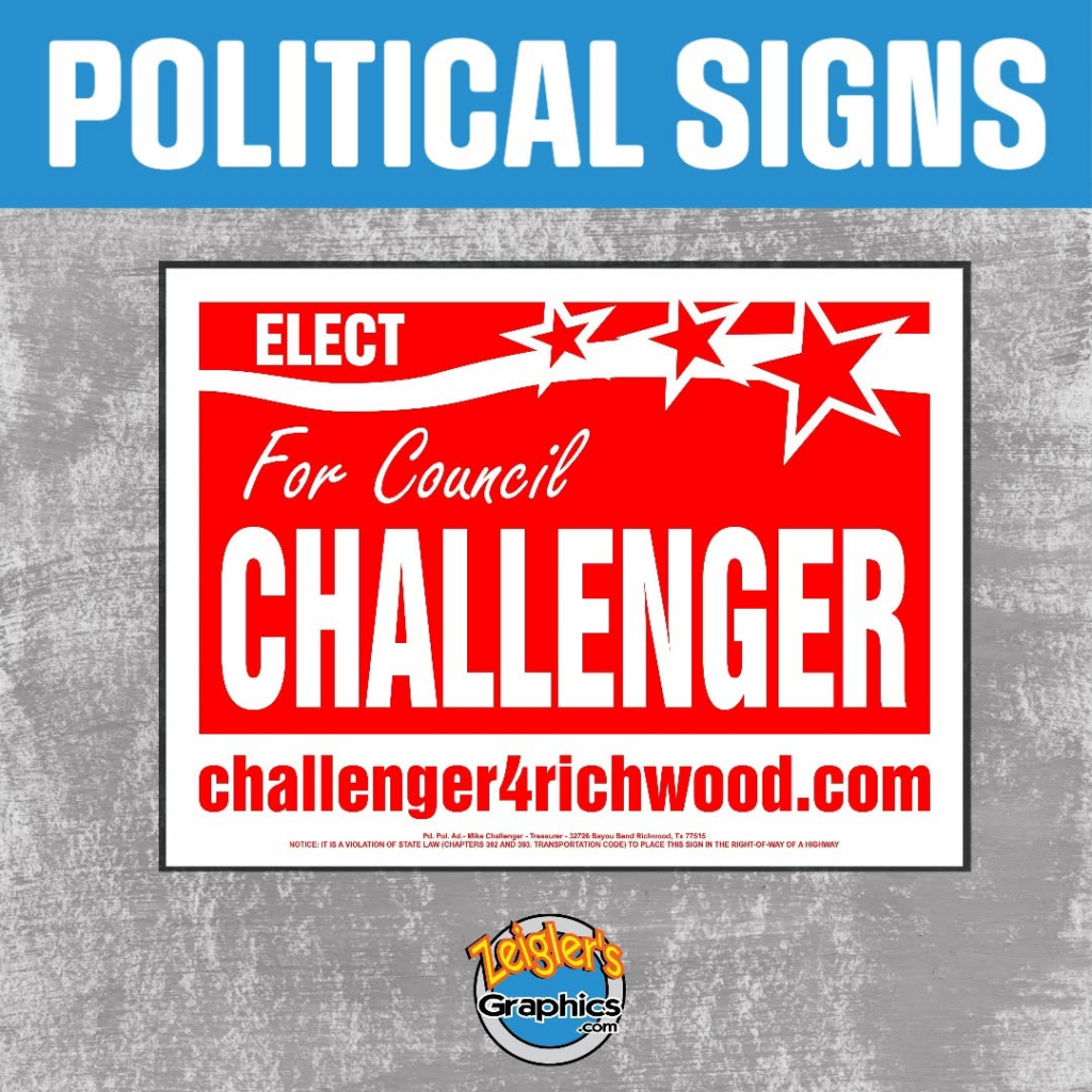 Red, white and black Mike Challenger for Council campaign yard sign